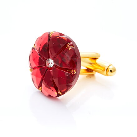 Gold cufflinks with ruby red round glass button